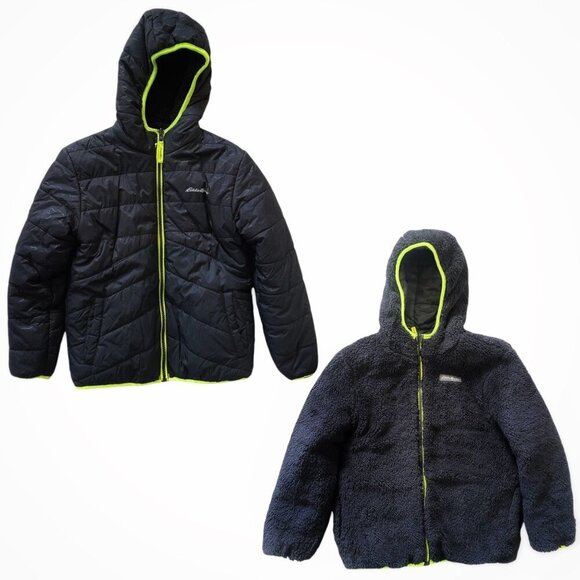 Eddie Bauer Boys Deer Harbor Reversible Hooded Midweight Jacket Size 7/8 Black